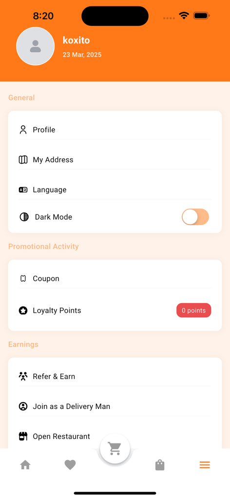 Koxito - User profile and account settings screen of the Koxito food delivery app
