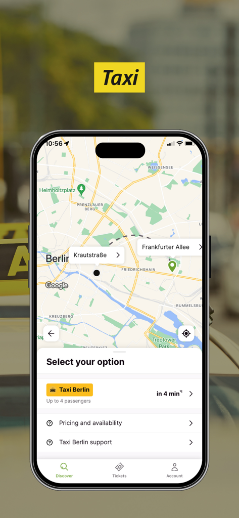 BVG Jelbi: Mobility in Berlin - BVG Jelbi app interface showing a taxi booking option and map in Berlin