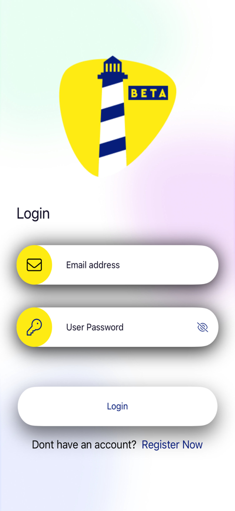 BEAMS APP - BEAMS app login screen with email and password fields and a lighthouse logo