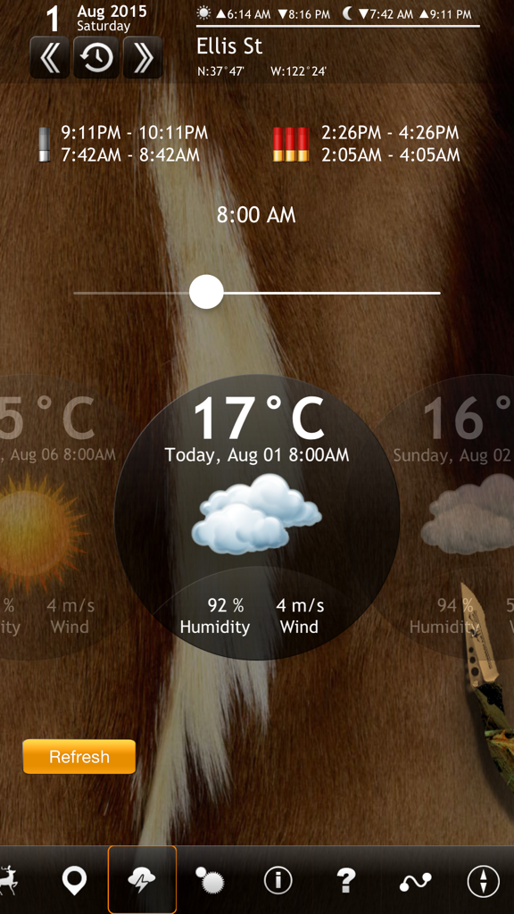Solunar Calendar hunting app interface showing weather forecast details including temperature and wind speed