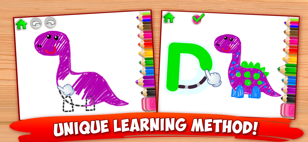 ABC Tracing Kids Drawing Games - Una interfaz de juego educativo preescolar que muestra a un niño trazando la letra D y dibujando un dinosaurio morado