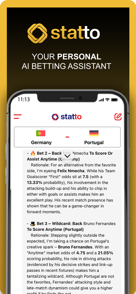 Statto App - Interfaz de la aplicación móvil Statto que muestra predicciones de apuestas de fútbol impulsadas por IA y justificaciones para un partido de Alemania vs Portugal