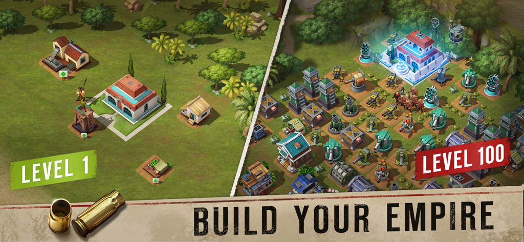 A comparison showing the growth of a cartel base from level 1 to level 100 in Narcos Cartel Wars and Strategy.