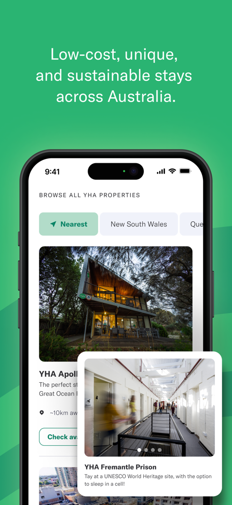 YHA Explorer - Smartphone screen displaying the YHA Explorer app for booking unique and sustainable hostel stays in Australia