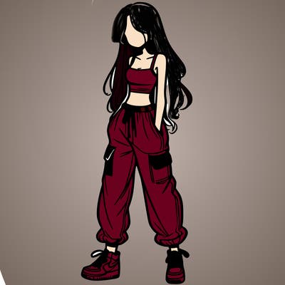 girl in baggy pants crop top and long hair