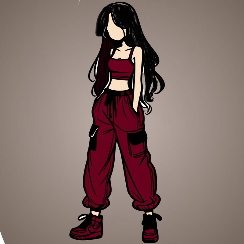 girl in baggy pants crop top and long hair