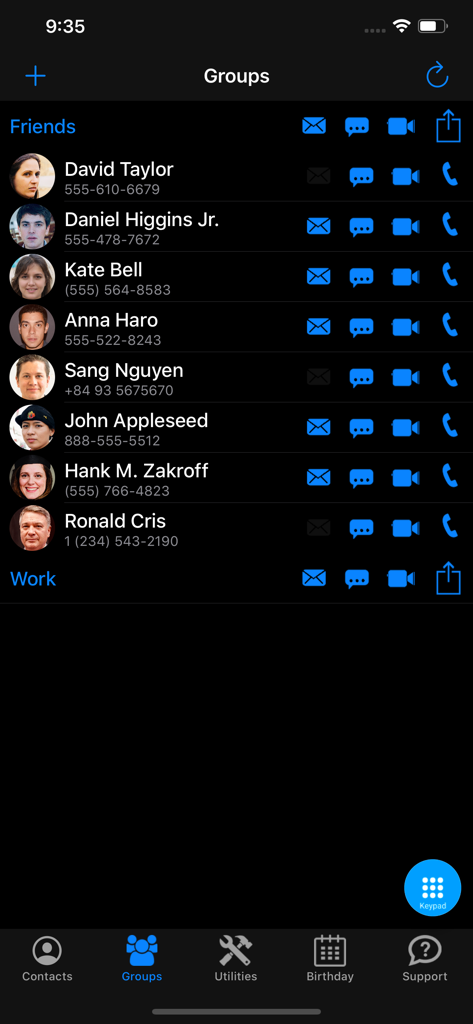 Interface of Contact Pro app showing contacts organized into groups