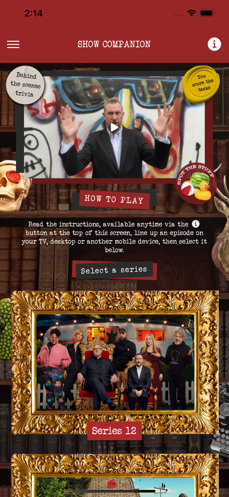 Taskmaster The App - Taskmaster app show companion interface with series 12 cast in a golden frame and Alex Horne video