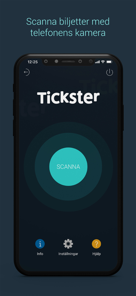 Tickster BoxPoint Mobile - Tickster BoxPoint Mobile app interface showing the main ticket scanning screen with a central scan button on a smartphone