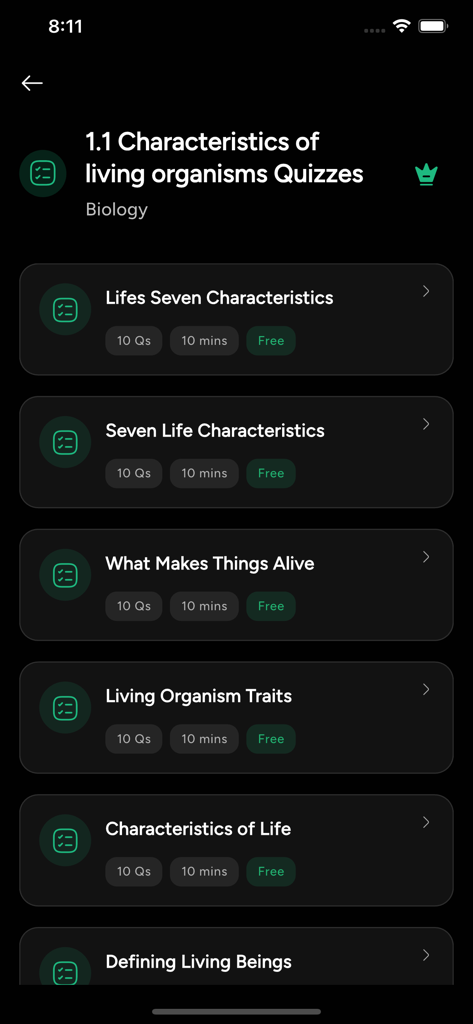 Estudy Learn - Estudy Learnアプリのインターフェース。生物の特性に関する生物学クイズのリストが表示されています。