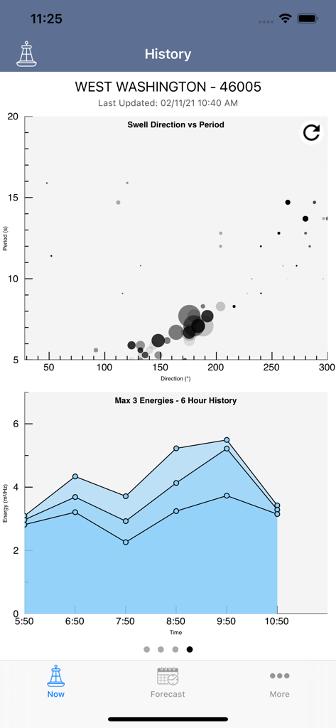 History screen of the surf forecasting app showing swell direction and energy density charts