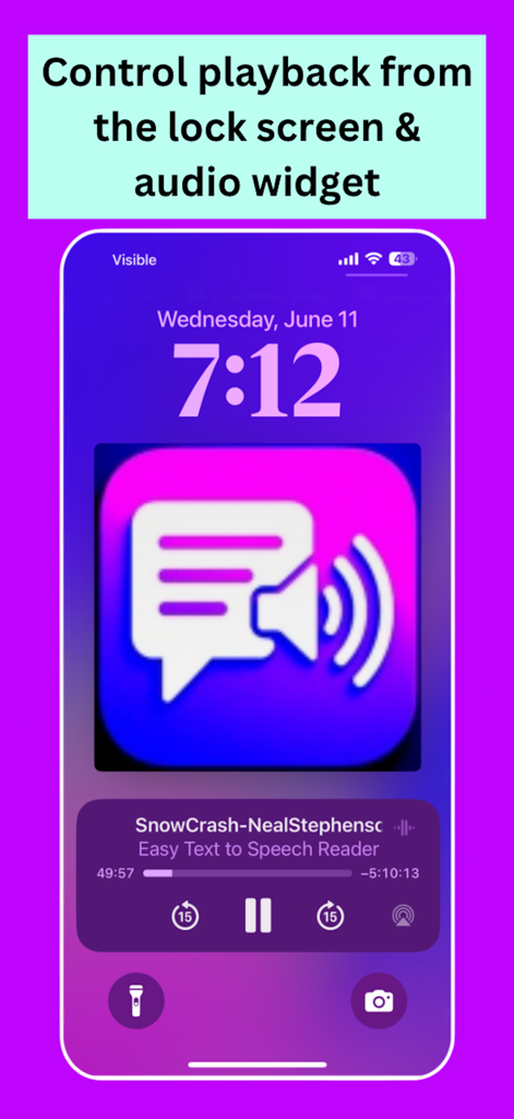Easy Text to Speech Reader Pro - Pantalla de bloqueo del iPhone mostrando controles de reproducción y widget de audio para la aplicación Lector Fácil de Texto a Voz Pro