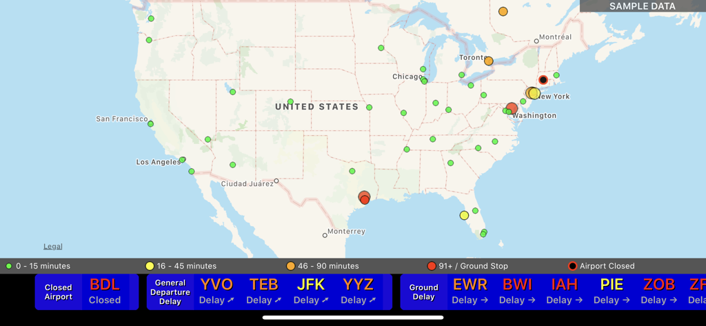 FAAwait app showing a map of the United States with color-coded markers for real-time airport delays