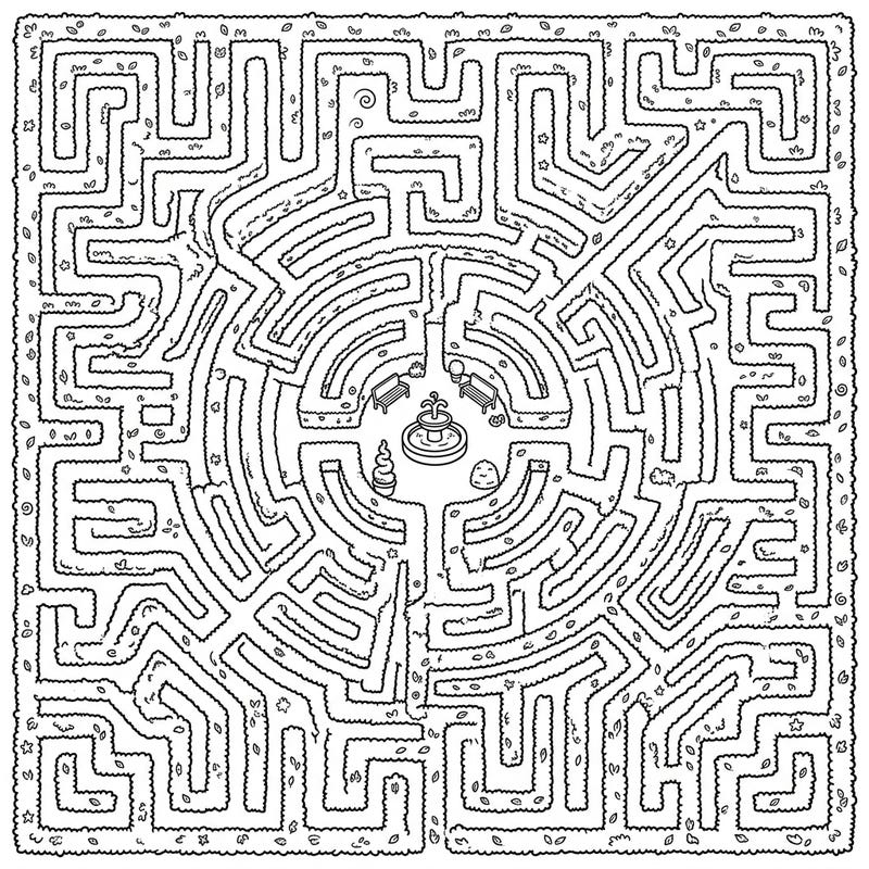 Step into a world of leafy puzzles with this intricate Hedge Labyrinth coloring page. Discover winding paths, dense hedges, and a charming central fountain, offering hours of engaging artistic fun.