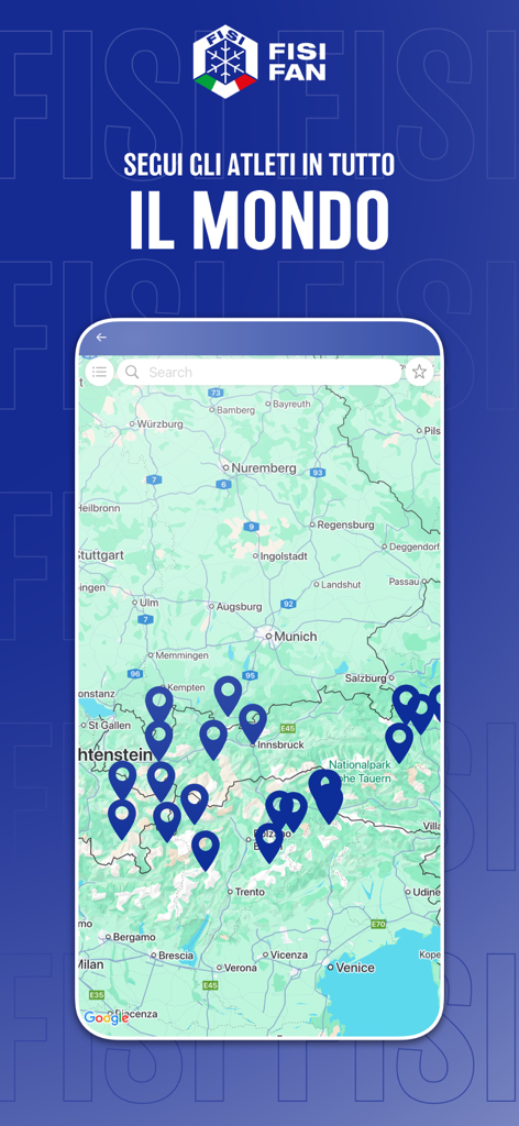 FISI FAN - Visualização de mapa no aplicativo FISI FAN mostrando a localização de atletas de esportes de inverno na Europa