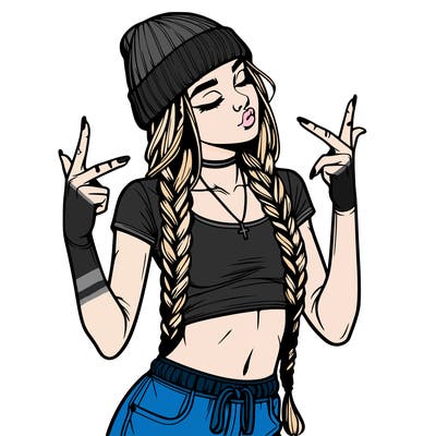 realistic teenage girl with braids and a beanie and crop top doing 🫶🏼