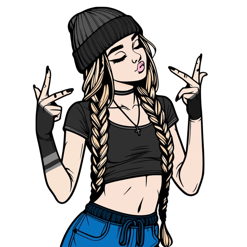 realistic teenage girl with braids and a beanie and crop top doing 🫶🏼