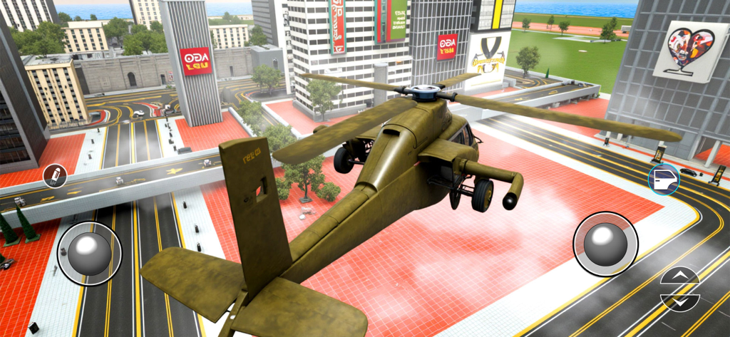 Gangster City Crime Mafia Game - A military helicopter flying above a city in the Gangster City Crime Mafia Game simulator