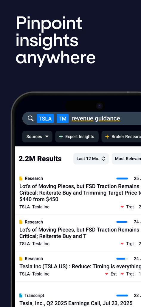 AlphaSense - AlphaSense mobile app interface showing search results for Tesla revenue guidance and financial research documents