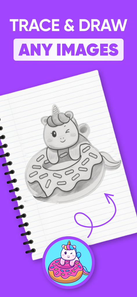 AR Drawing - AR Sketch - A hand drawn pencil sketch of a winking unicorn on a donut in a notebook