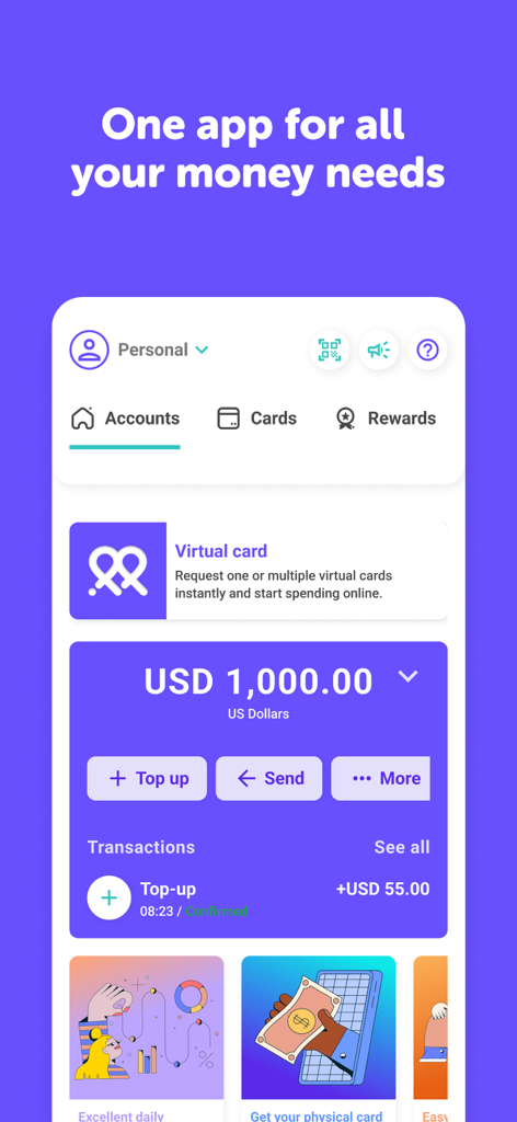 Pyypl app dashboard displaying a USD account balance and virtual card options