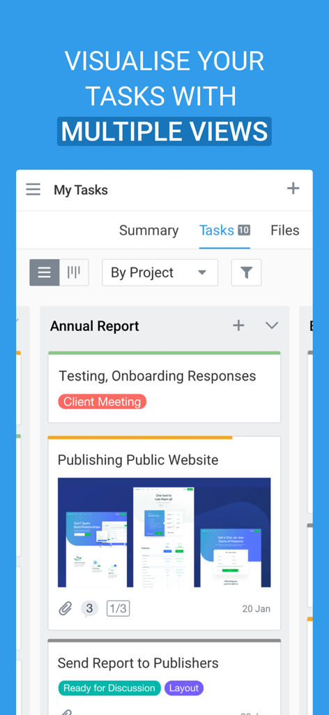 Avaza mobile app interface showing a project task list with multiple view options