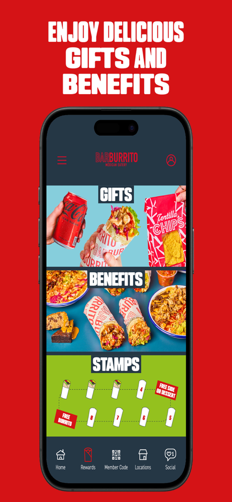 Barburrito Rewards - Mobile app interface for Barburrito Rewards showing gifts benefits and a digital stamp card for earning free food