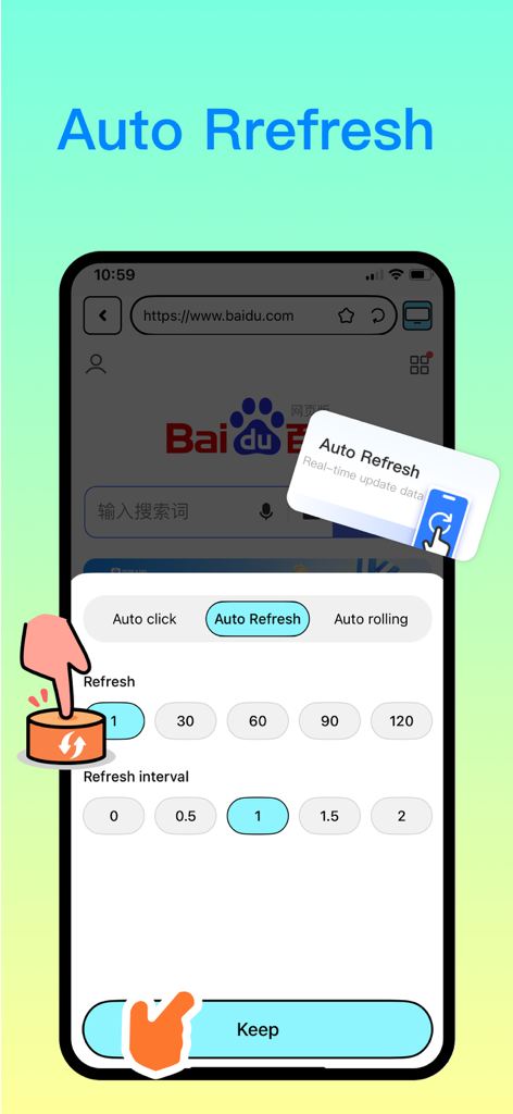 Auto Clicker - Automatic Click - 自動ウェブサイト更新の設定を表示するAuto Clickerアプリのインターフェイス。