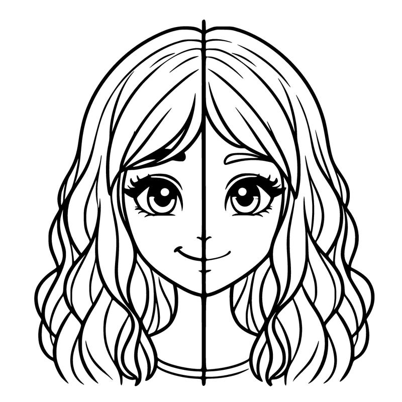 a line in a middle of a realistic girls face, one side smiling one not