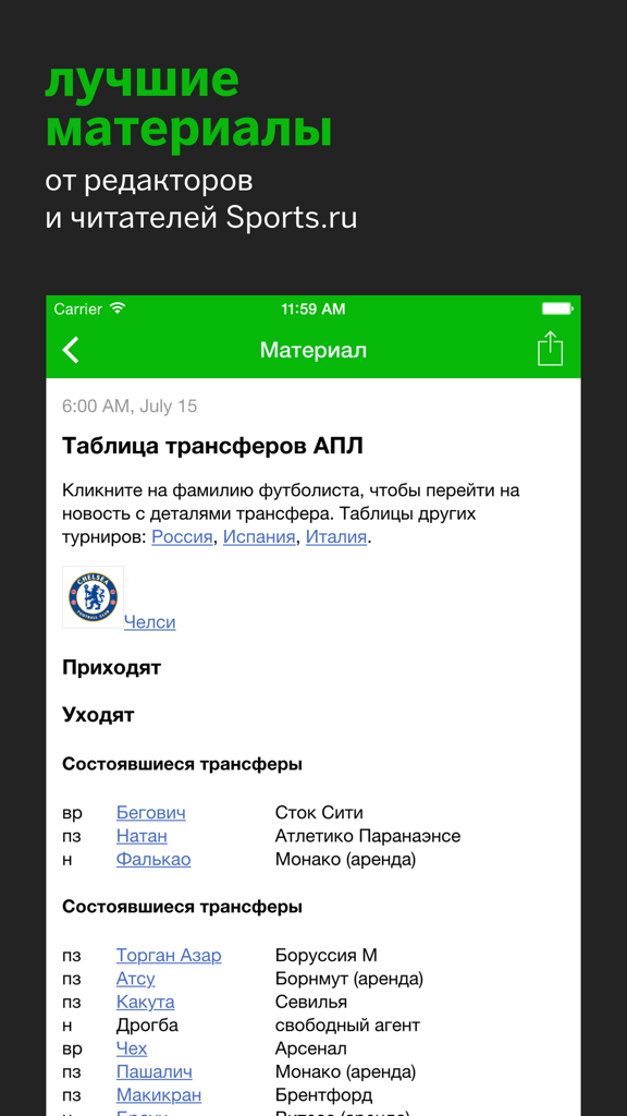 A detailed table of football transfers for the English Premier League in the Sports.ru app.