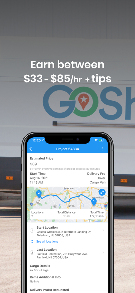 GoShare Driver app interface showing delivery project details and estimated earnings