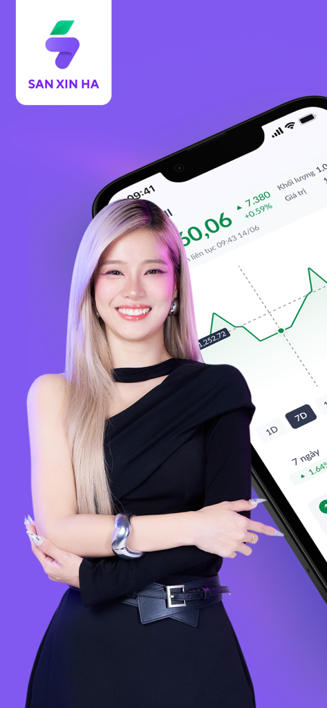 Una mujer profesional sonriente parada frente a un gran smartphone que muestra la interfaz de trading de acciones de San Xin Ha y gráficos del mercado.