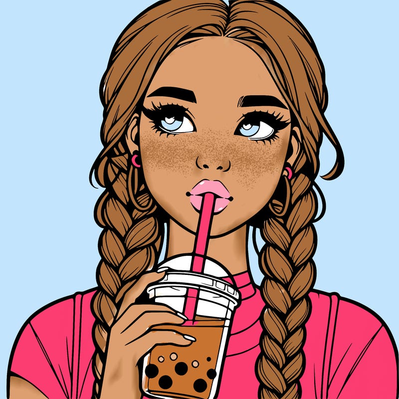 realistic girl with braided hair drinking boba