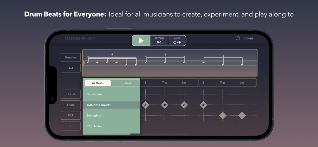 Interfaz de la aplicación de notación de batería mostrando la cuadrícula del secuenciador y las partituras