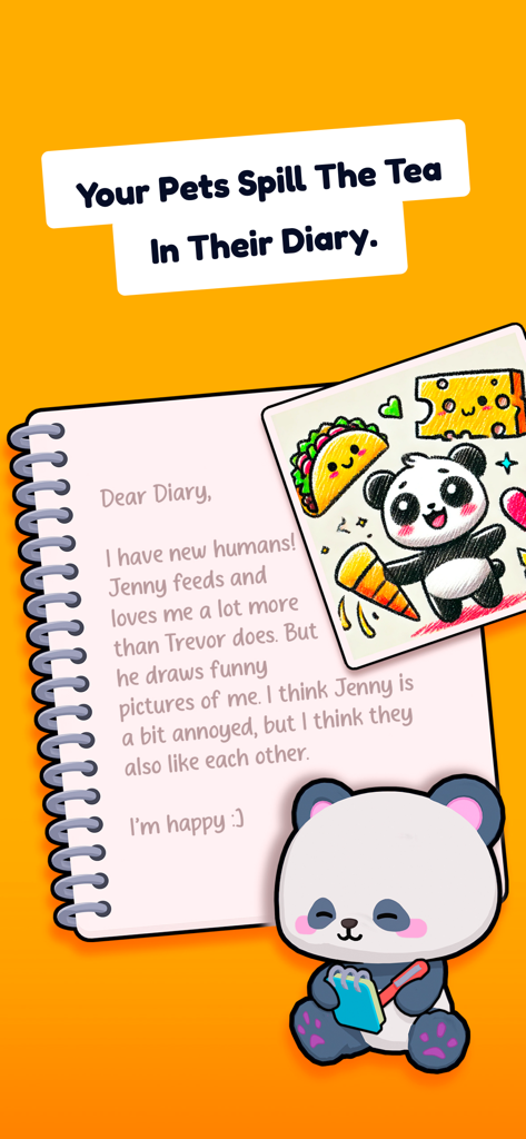 Chonk: Raise Virtual Panda Pet - A screenshot of a cute virtual panda's diary entry showing its thoughts on its co-parents.