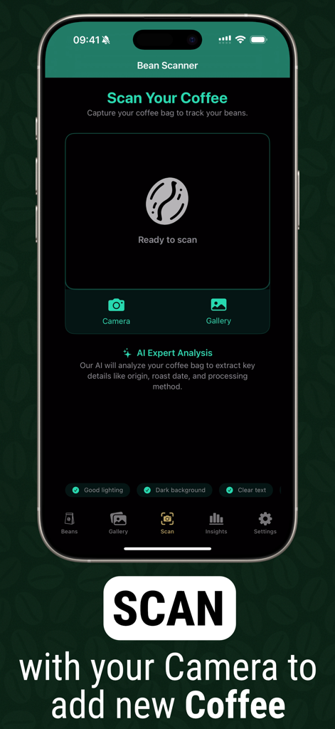 Coffee Bean Tracker - Vault - Beanvault mobile app interface showing the AI scanner to capture coffee bag details like origin and roast date.