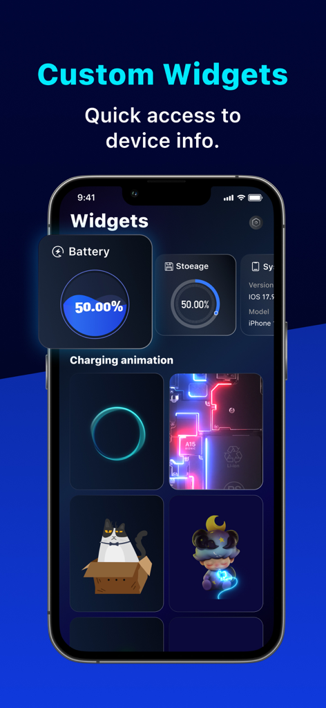 Cleaner PRO:photos cleaner - Cleaner PRO app interface displaying custom system widgets for battery and storage alongside various decorative charging animations