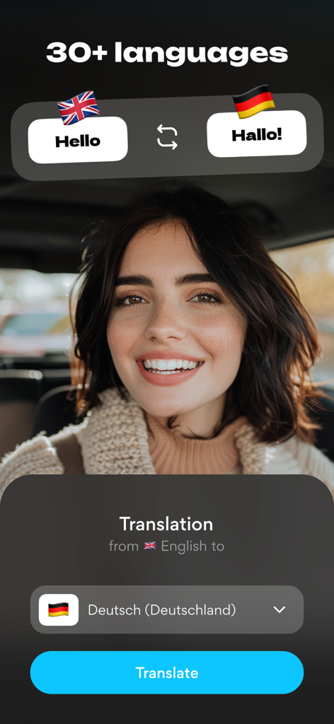 Liroアプリのインターフェースで、動画キャプションの英語からドイツ語への翻訳を示す