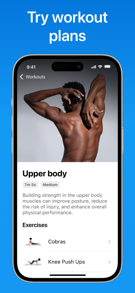 Interval Timer app screen displaying an upper body workout plan with exercises and duration