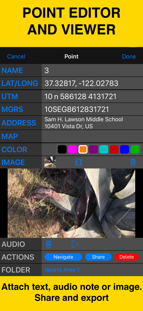 Interface of Planimeter 55 showing point coordinates, address, and attached field photo
