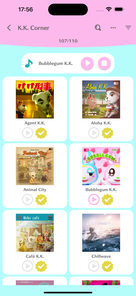 Planner for AC: NH - A collection tracker for K.K. Slider music tracks in the Planner for AC: NH app showing progress and album art.