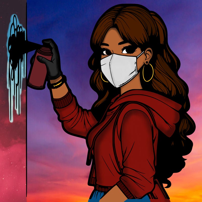 realistic girl with mask spray painting a wall