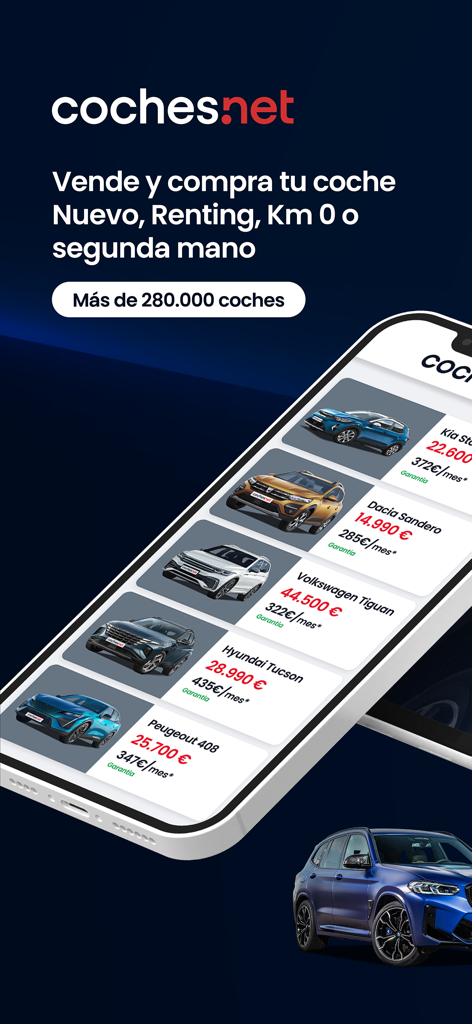 Coches.net app screen displaying a list of available cars with prices and monthly financing options