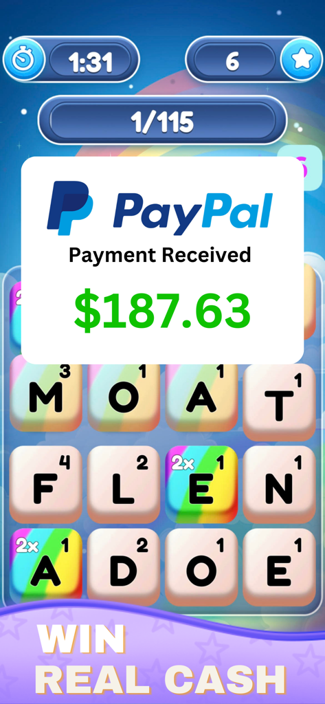 Word Cash! Real Cash Prizes - Word puzzle game interface showing a PayPal payment received notification for real cash prizes.