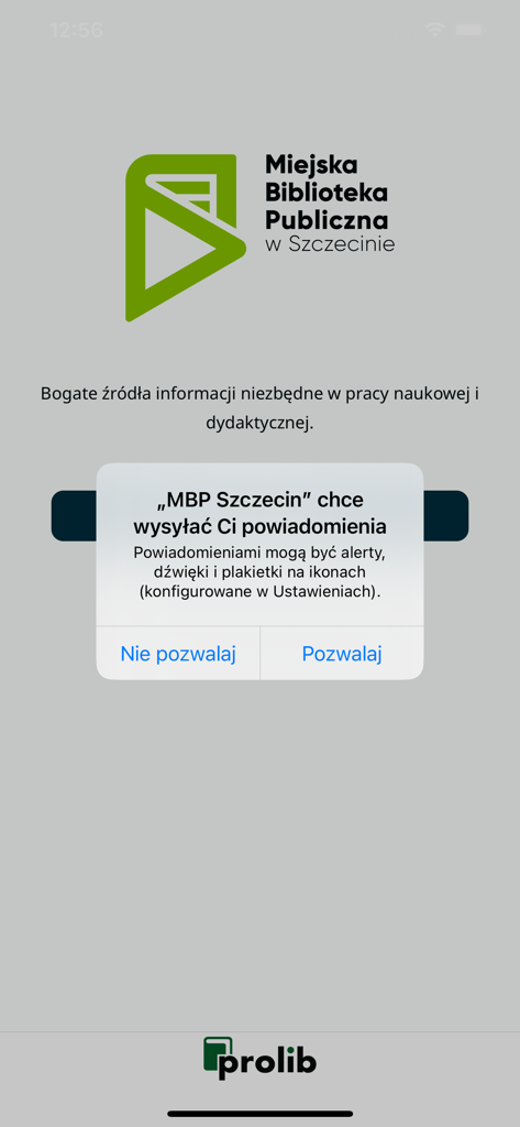 MBP Szczecin - mProlib - MBP Szczecin library app splash screen showing a notification request