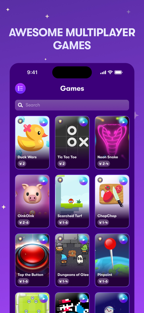 Capture d'écran de l'application Rune montrant un menu de divers jeux multijoueurs occasionnels comme Duck Wars et Neon Snake