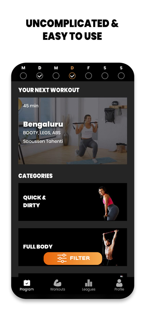 The PAKAMA athletics app dashboard showing workout categories and a daily training schedule.