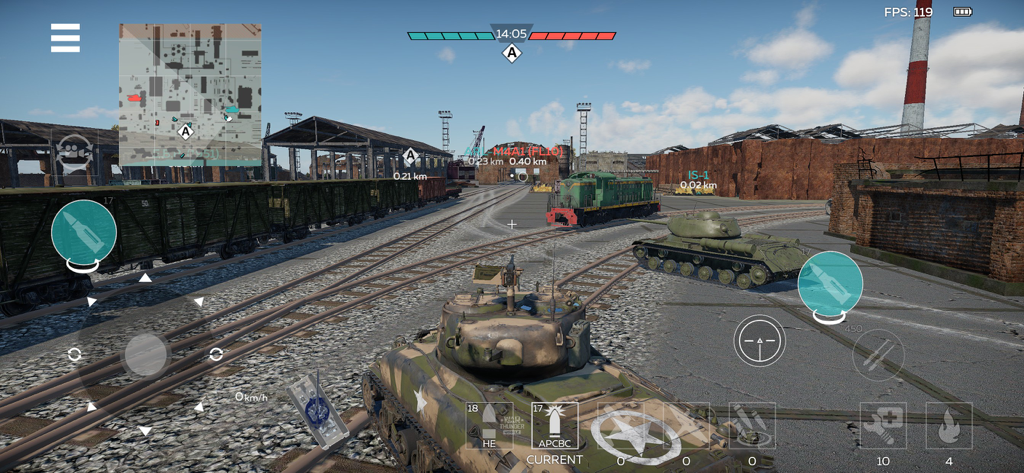 Realistic tank combat gameplay in an industrial setting featuring authentic military vehicles in War Thunder Mobile.
