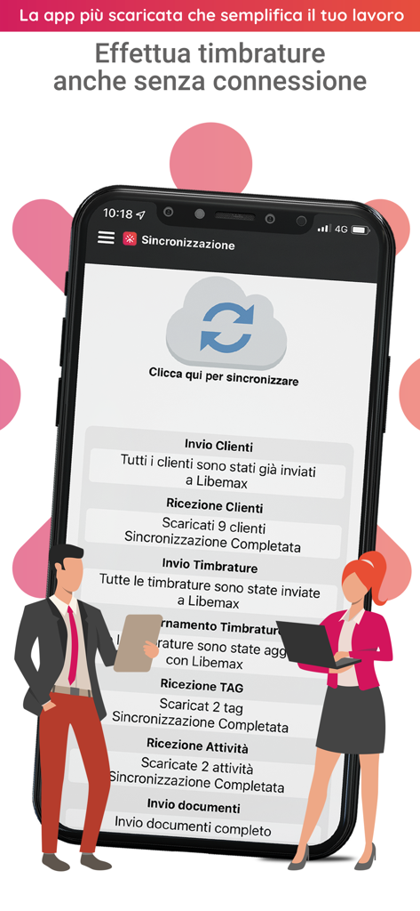 Rilevazione presenze e accessi - Oberfläche einer mobilen App, die die Synchronisierung für die Offline-Erfassung der Mitarbeiteranwesenheit zeigt