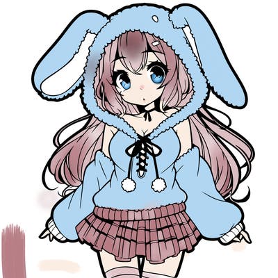 pretty anime girl wearing a fluffy hoodie with bunny ears on the hood and a skirt